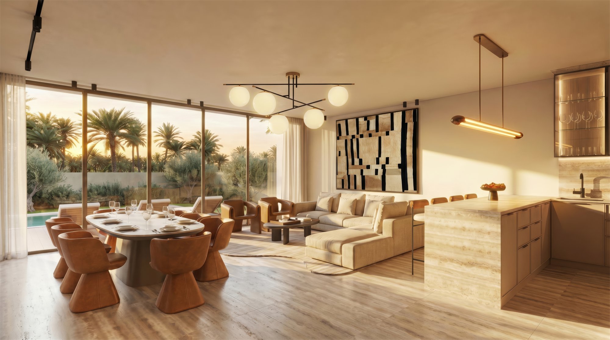 Living and dining room with a sculptural chandelier and open kitchen