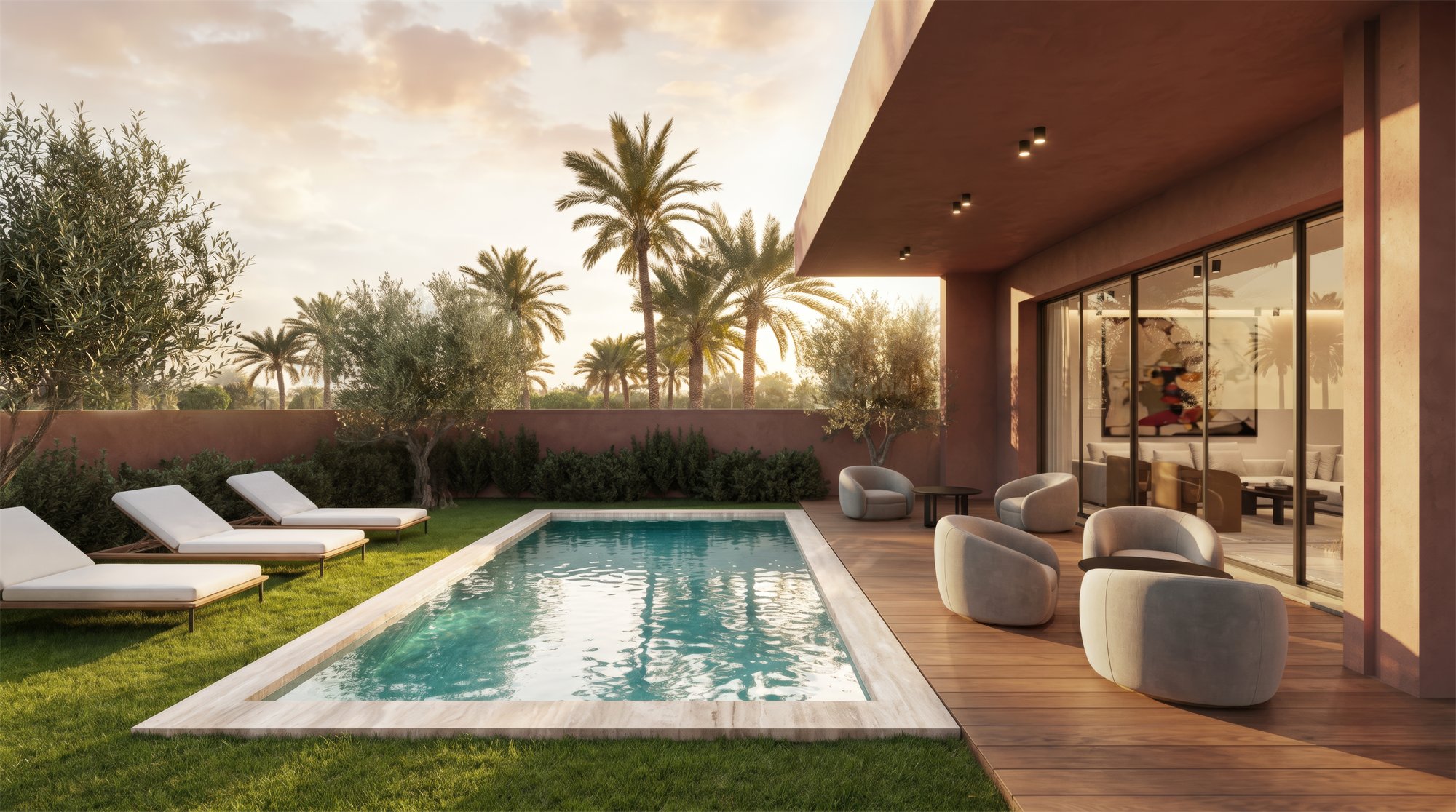 Pool and shaded terrace of a private residence at dusk