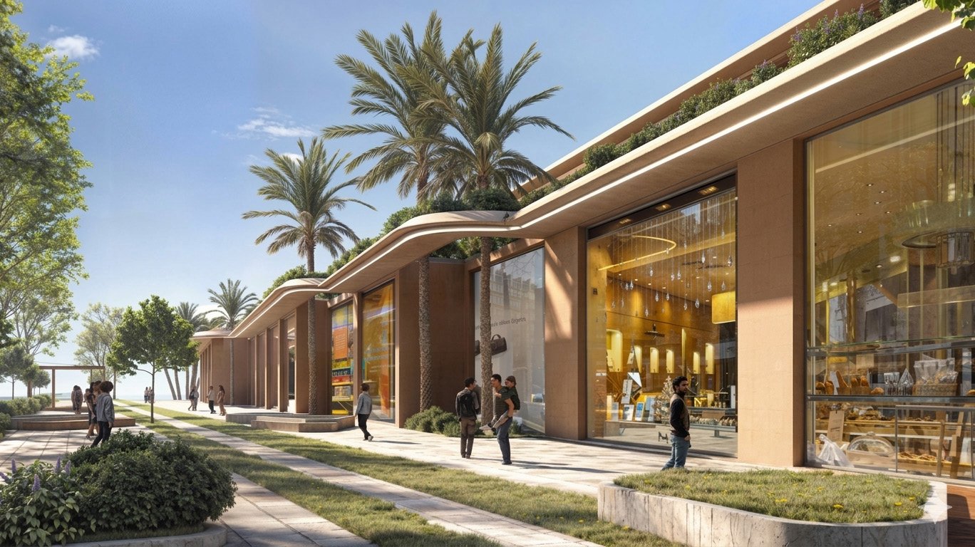 Palm-lined commercial esplanade with boutiques