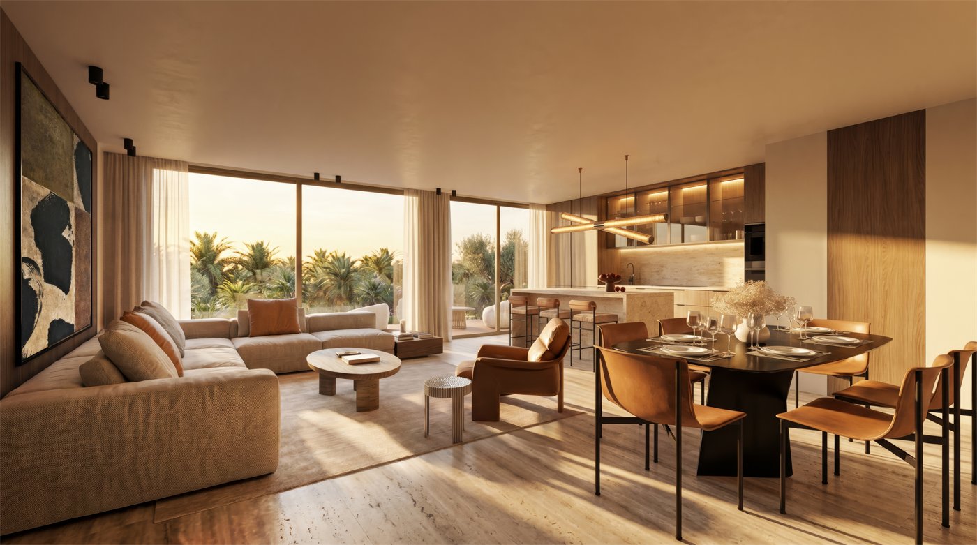 Duplex living and dining space with open kitchen